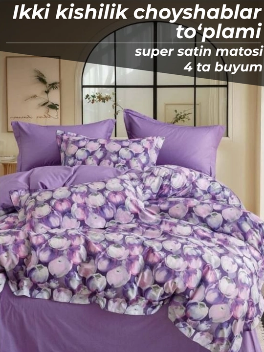 Super satin choyshablar to'plami 4 buyumlik ikki kishilik va 3 buyumlik bir kishilik - 