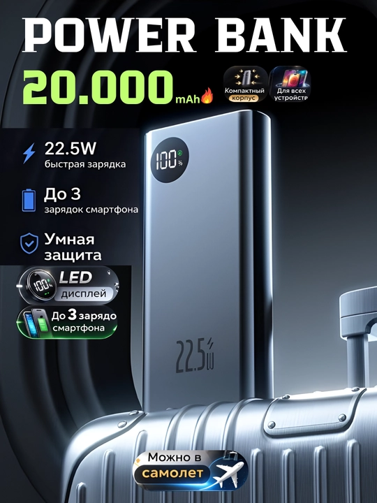Power bank Tashqi akkumulyator, 20000 mA/soat, 22.5 vt, tez quvvat oladi