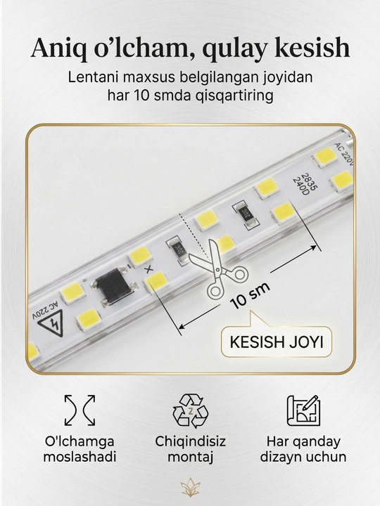 Beltoms LED Lenta 220V 240D IP65 — Namga chidamli, 10 sm kesiladigan, sariq rang