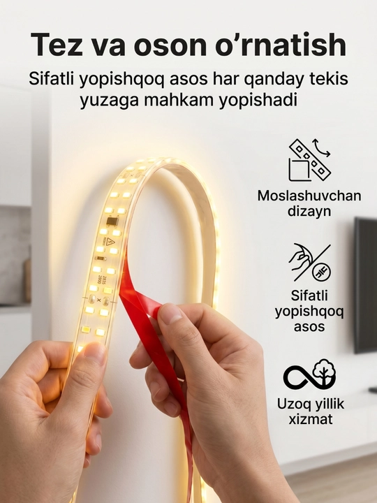 Beltoms LED Lenta 220V 240D IP65 — Namga chidamli, 10 sm kesiladigan, sariq rang