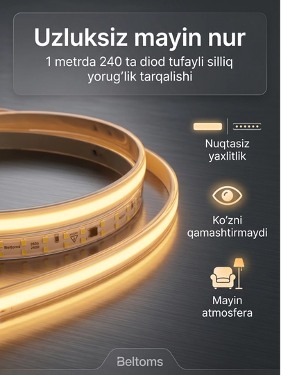 Beltoms LED Lenta 220V 240D IP65 — Namga chidamli, 10 sm kesiladigan, sariq rang