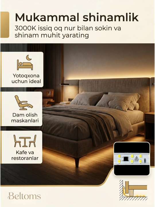 Beltoms LED Lenta 220V 240D IP65 — Namga chidamli, 10 sm kesiladigan, sariq rang