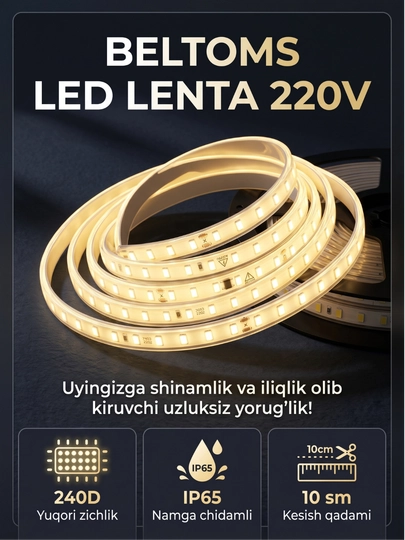 Beltoms LED Lenta 220V 240D IP65 — Namga chidamli, 10 sm kesiladigan, sariq rang - 