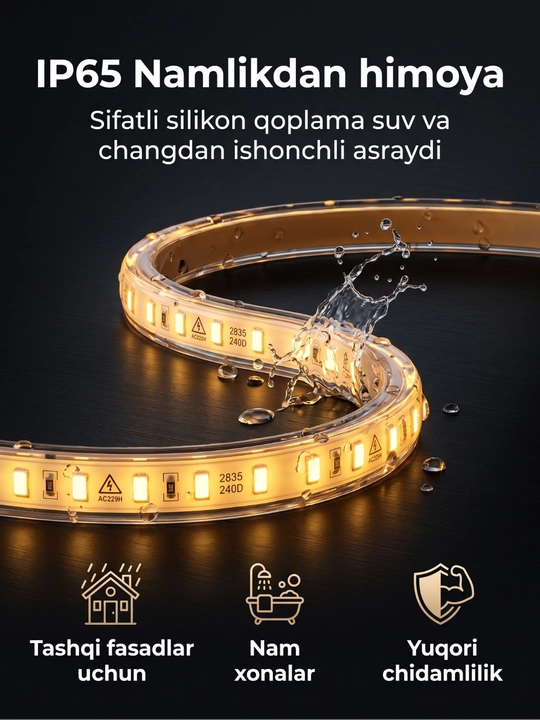 Beltoms LED Lenta 220V 240D IP65 — Namga chidamli, 10 sm kesiladigan, sariq rang