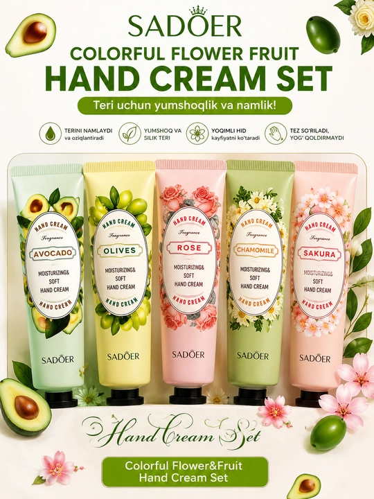 SADOER qo'l kremi to'plami, 5 xil hidli, namlantiruvchi, 30 g × 5 dona
