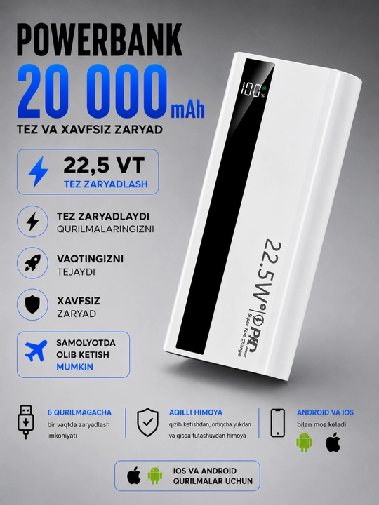 Внешний аккумулятор 20000 mA/h 22.5w с быстрой зарядкой 100% качество