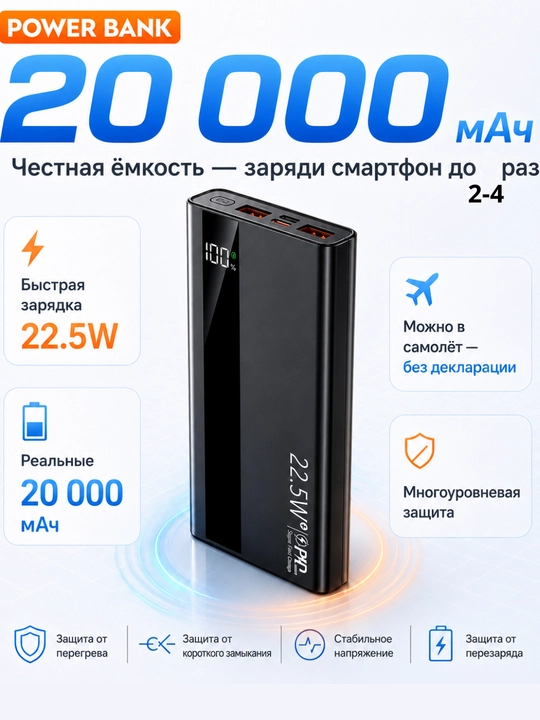 Внешний аккумулятор 20000 mA/h 22.5w с быстрой зарядкой 100% качество