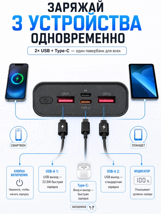 Внешний аккумулятор 20000 mA/h 22.5w с быстрой зарядкой 100% качество