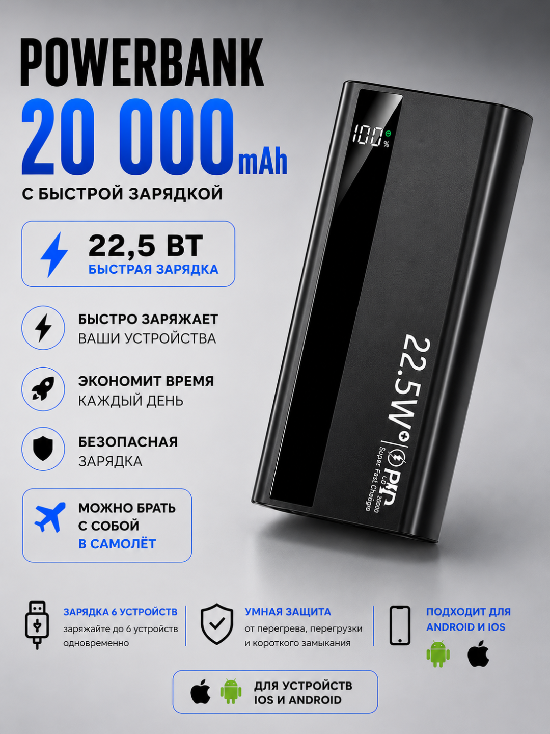 Внешний аккумулятор 20000 mA/h 22.5w с быстрой зарядкой 100% качество