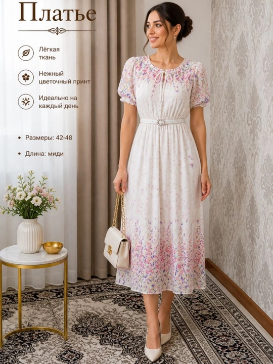 Ayollar uchun midi ko‘ylak gulli printli yozgi fason - 