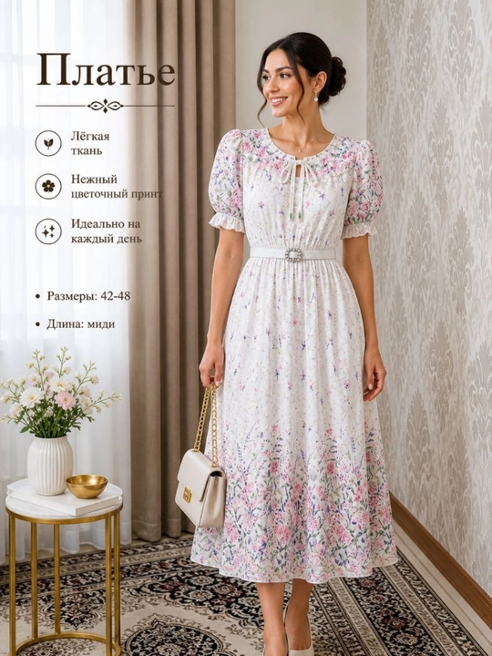 Ayollar uchun midi ko‘ylak gulli printli yozgi fason - 