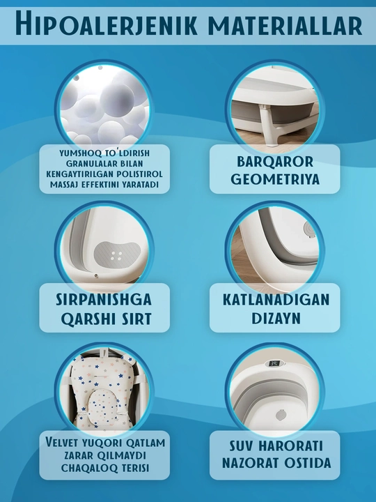 Toimoys 5 in 1 bolalar vannachasi, termometrli va yumshoq yostiqli buklanadigan vanna