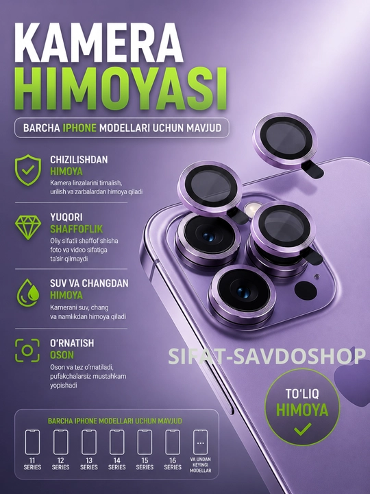 IPhone lar uchun kamera himoyasi 11, 11 Pro, 12 Pro, 13 Pro, 14 Pro, 15 Pro, 16-17 Pro Max