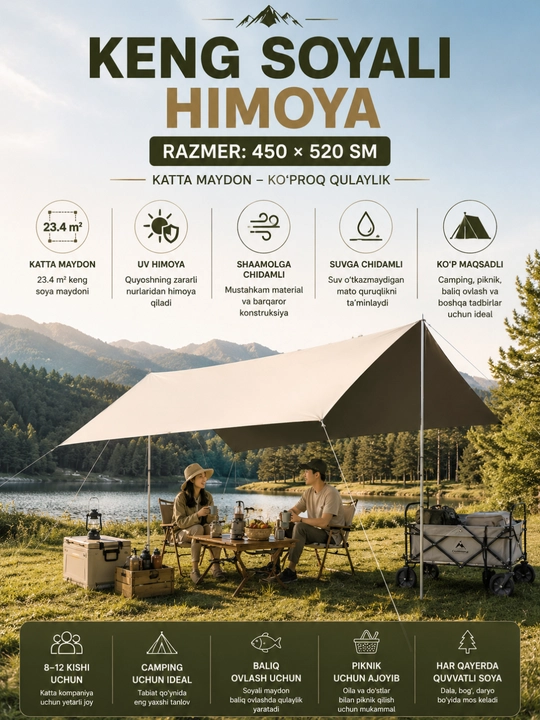 Palatka tent 450x520 sm, kamping va piknik uchun katta soyabon, suvga chidamli