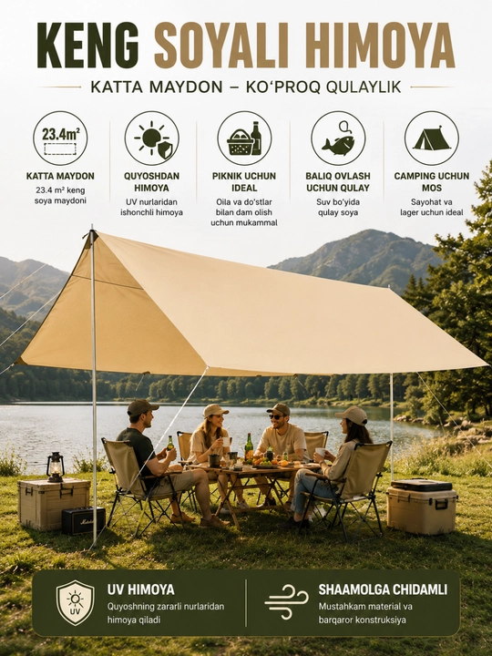Palatka tent 450x520 sm, kamping va piknik uchun katta soyabon, suvga chidamli