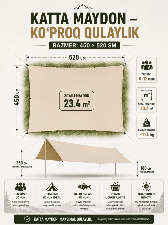 Palatka tent 450x520 sm, kamping va piknik uchun katta soyabon, suvga chidamli