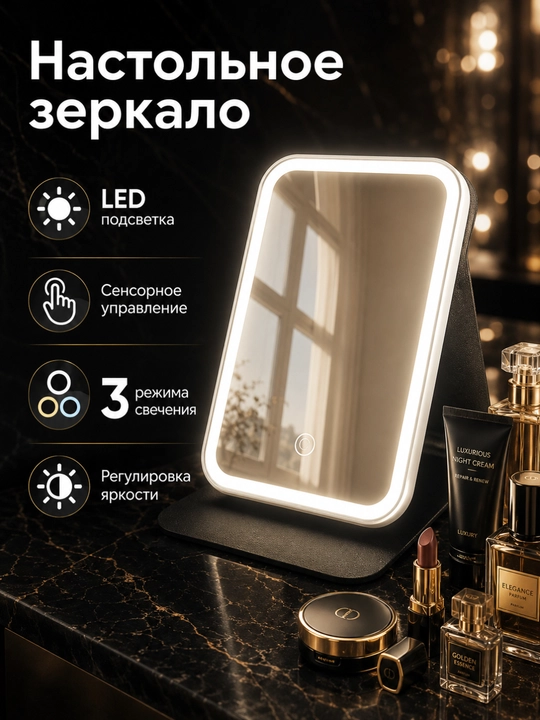 LED yoritgichli makiyaj oynasi – 3 yorug'lik rejimi, USB zaryad, sensor boshqaruv - 