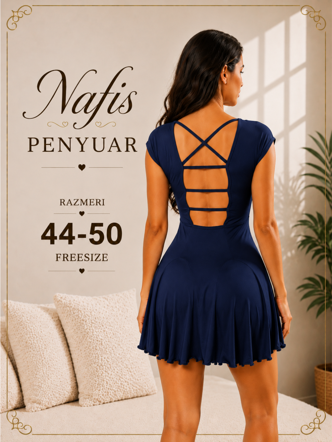 Ayollar uchun nafis penyuar, ochiq orqa dizaynli uy kiyimi, freesize 44-50