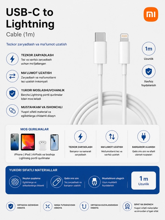 USB-C to Lightning kabel 1 m, tezkor zaryadlash va ma'lumot uzatish kabeli - 