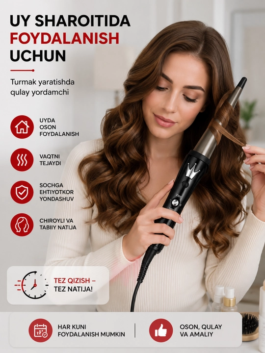 Soch jingalaklagich ployka, konussimon curler, lokon yaratish uchun