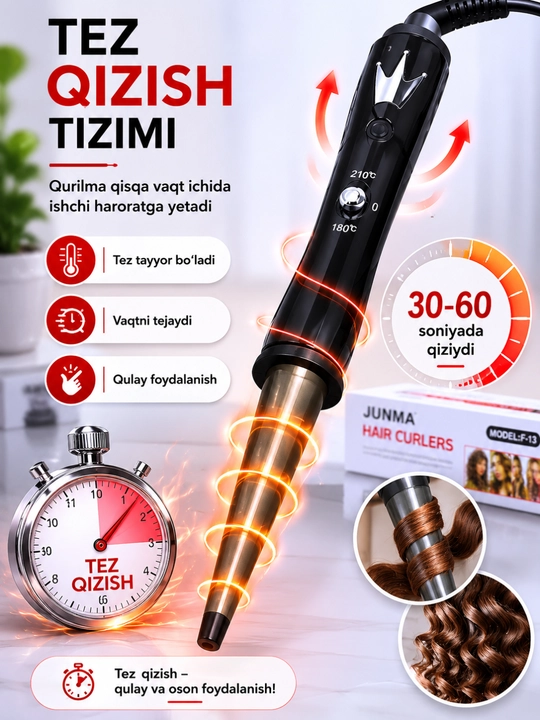 Soch jingalaklagich ployka, konussimon curler, lokon yaratish uchun