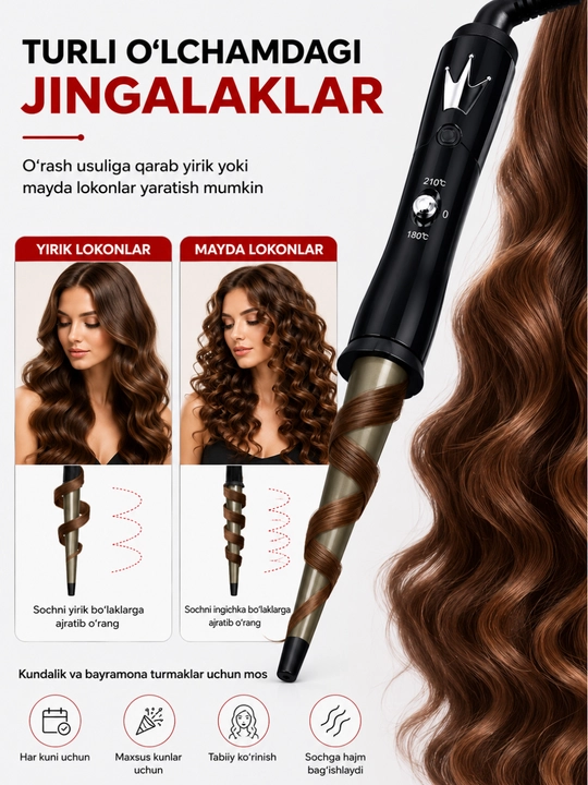 Soch jingalaklagich ployka, konussimon curler, lokon yaratish uchun
