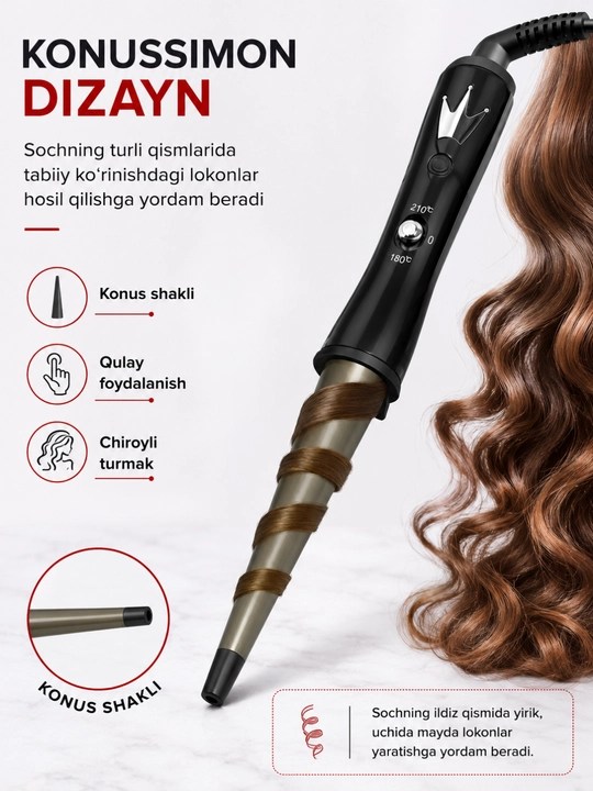 Soch jingalaklagich ployka, konussimon curler, lokon yaratish uchun