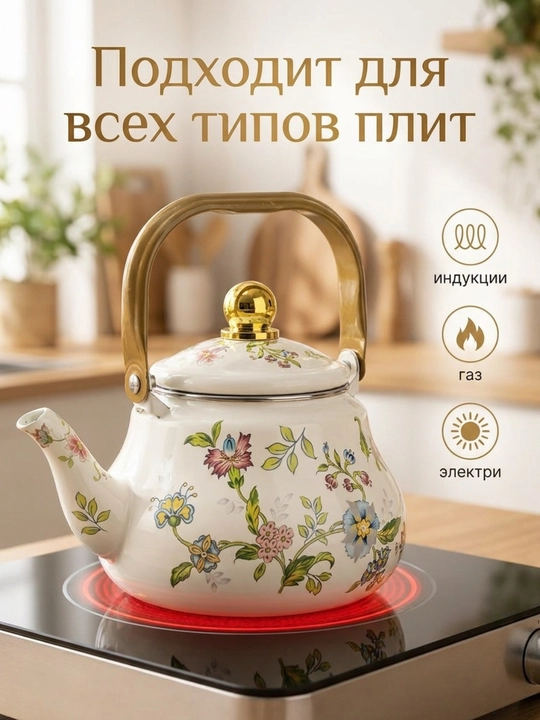 Эмалированный чайник 1.5 л — с цветочным рисунком, подходит для индукционных плит