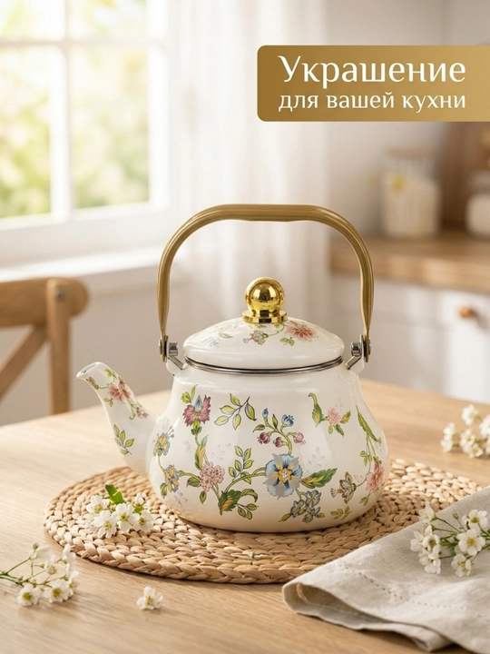 Эмалированный чайник 1.5 л — с цветочным рисунком, подходит для индукционных плит