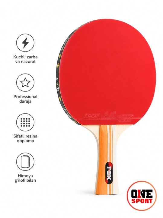 FOX Havaskorlar stol tennisi raketkasi, qizil/qora rezina, himoya g‘ilofi bilan
