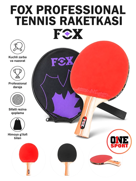 FOX Havaskorlar stol tennisi raketkasi, qizil/qora rezina, himoya g‘ilofi bilan - 