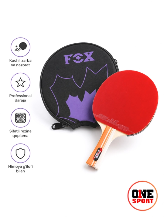 FOX Havaskorlar stol tennisi raketkasi, qizil/qora rezina, himoya g‘ilofi bilan