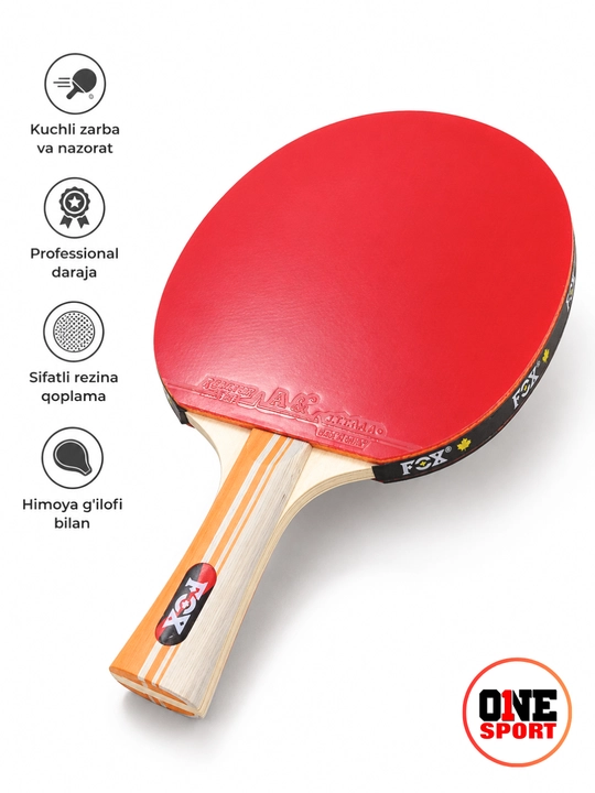 FOX Havaskorlar stol tennisi raketkasi, qizil/qora rezina, himoya g‘ilofi bilan