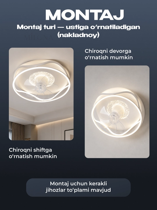 LED ventilyator lyustra pulti, ventilyator, svitilnik , 3 yoritish rejimi va 6 tezlikka