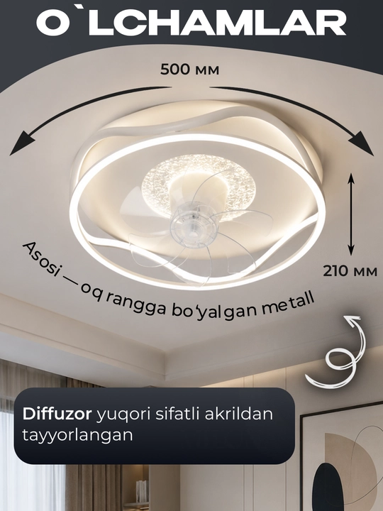LED ventilyator lyustra pulti, ventilyator, svitilnik , 3 yoritish rejimi va 6 tezlikka