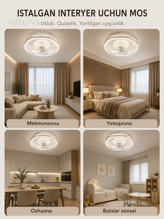 LED ventilyator lyustra pulti, ventilyator, svitilnik , 3 yoritish rejimi va 6 tezlikka