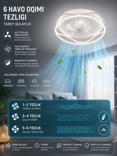 LED ventilyator lyustra pulti, ventilyator, svitilnik , 3 yoritish rejimi va 6 tezlikka