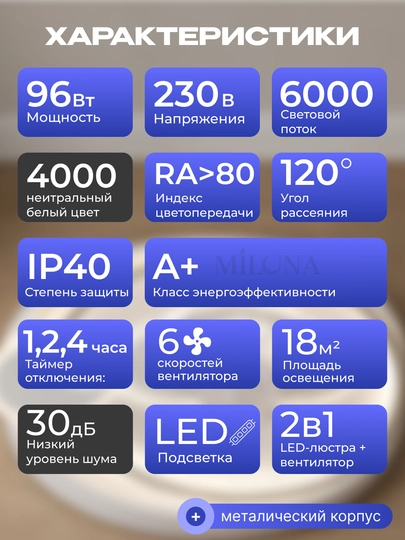 LED Люстра-вентилятор с пультом управления, светодиодная, 3 режима, 6 скоростей,винтилатир