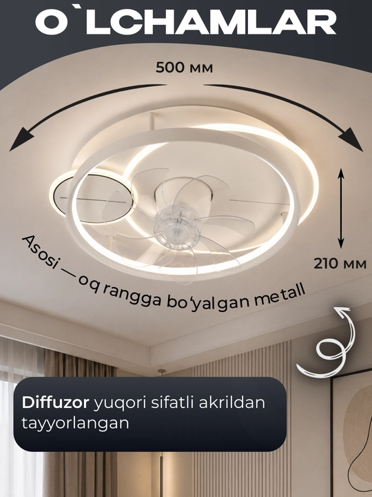 LED Люстра-вентилятор с пультом управления, светодиодная, 3 режима, 6 скоростей,винтилатир