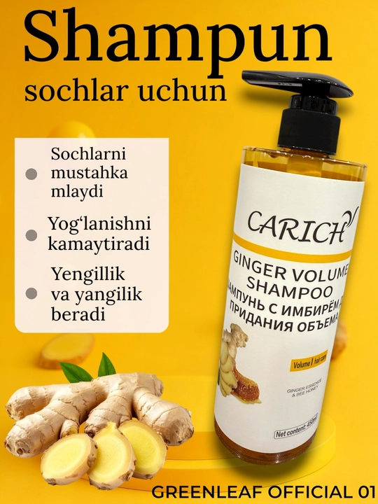 GREENLEAF Sochlarga hajm berish uchun Carich zanjabil shampuni, 450 ml