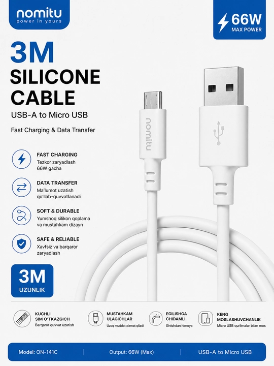 Nomitu 3M 66W USB-A to Micro USB tez zaryadlash silikon kabeli - 