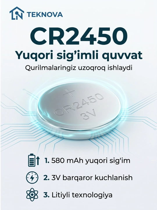 Batareya (CR1220, CR1620 CR2016 CR2025, CR2032, CR2450) 3V, 5 dona, Teknova litiy