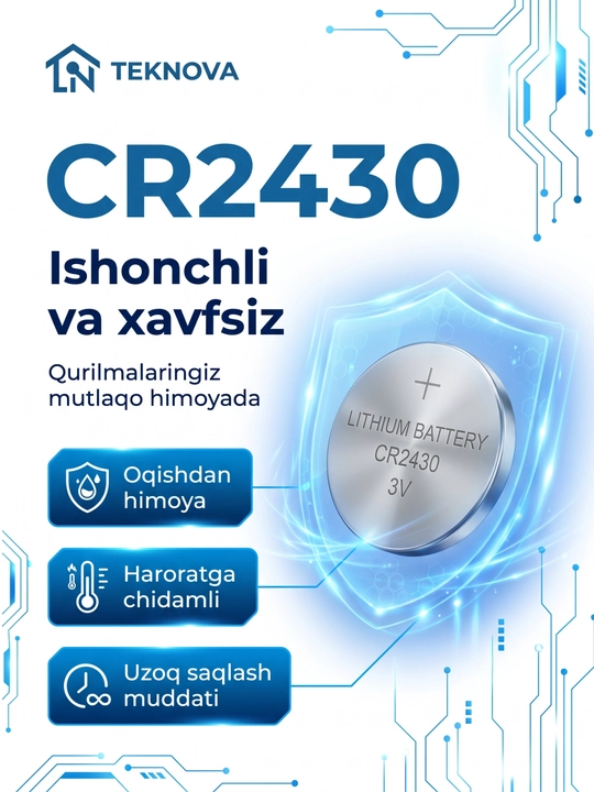 Batareya (CR1220, CR1620 CR2016 CR2025, CR2032, CR2450) 3V, 5 dona, Teknova litiy