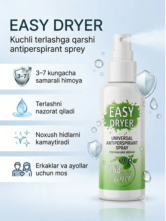 Antiperspirant sprey Easy Dryer Universal, terlash va hidga qarshi samarali vosita, 50 ml