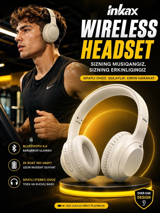 Simsiz Bluetooth naushniklar –  bass va stereo ovoz katta quloqchinlar, to'liq o'lchamda