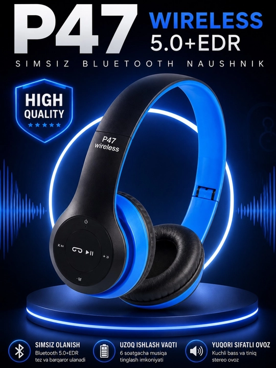 Simsiz Bluetooth naushniklar –  bass va stereo ovoz katta quloqchinlar, to'liq o'lchamda