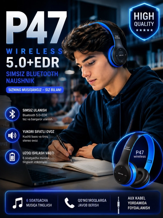 Simsiz Bluetooth naushniklar –  bass va stereo ovoz katta quloqchinlar, to'liq o'lchamda