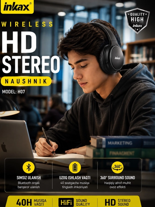 Simsiz Bluetooth naushniklar –  bass va stereo ovoz katta quloqchinlar, to'liq o'lchamda