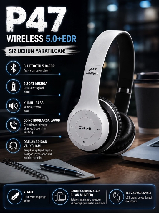Simsiz Bluetooth naushniklar –  bass va stereo ovoz katta quloqchinlar, to'liq o'lchamda - 