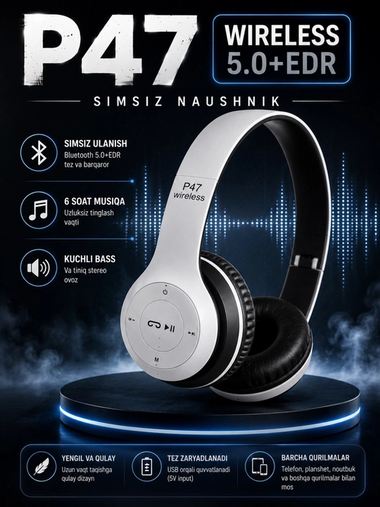 Simsiz Bluetooth naushniklar –  bass va stereo ovoz katta quloqchinlar, to'liq o'lchamda